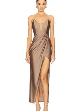 Michael Costello Strapless Metallic Taupe Evening Gown with Thigh Slit